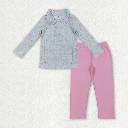 RTS NO MOQ（In Stock) Pink long-sleeved zip-up yoga top with floral, leaf, and bow pattern Pants set