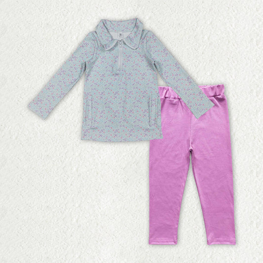 RTS NO MOQ（In Stock) Pink long-sleeved zip-up yoga top with floral, leaf, and bow pattern Pants set