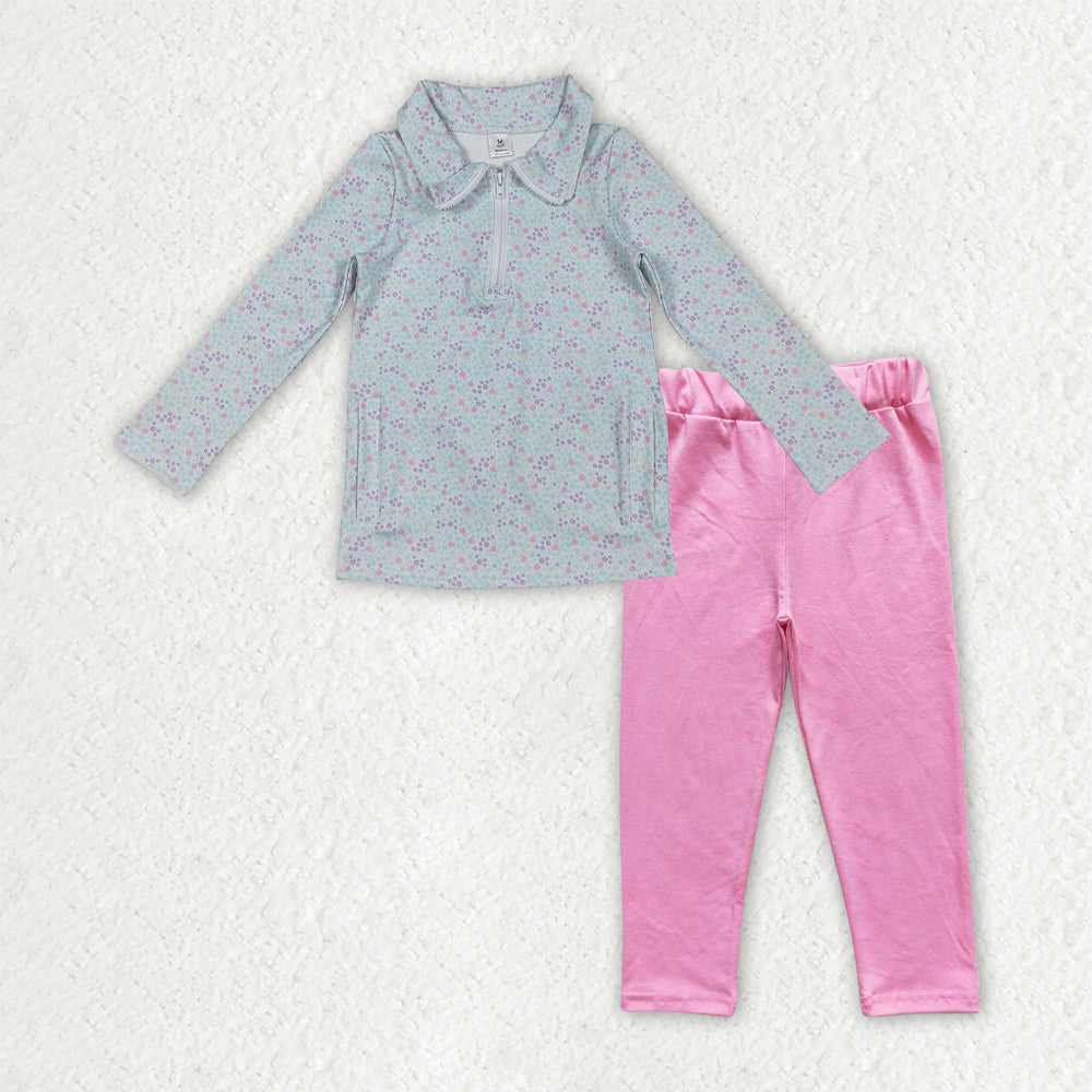 RTS NO MOQ（In Stock) Pink long-sleeved zip-up yoga top with floral, leaf, and bow pattern Pants set