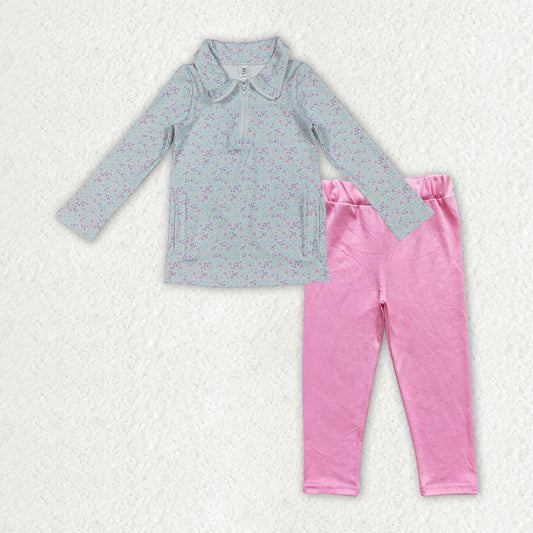 RTS NO MOQ（In Stock) Pink long-sleeved zip-up yoga top with floral, leaf, and bow pattern Pants set