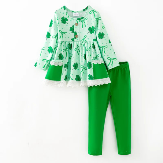(Pre Order) No moq Pre-order baby girl clothes bow green long sleeve pants sets-2025.12.6