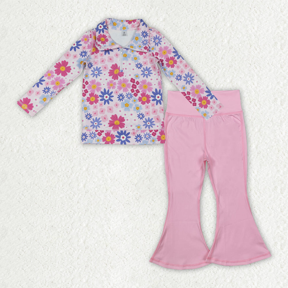 RTS NO MOQ（In Stock) long-sleeved zip-up yoga top with floral Yoga Pants set-GLP3273