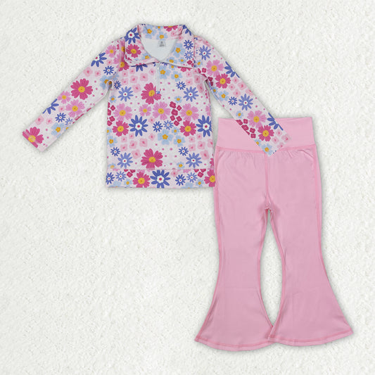 RTS NO MOQ（In Stock) long-sleeved zip-up yoga top with floral Yoga Pants set-GLP3273