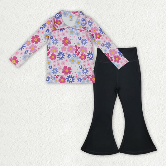 RTS NO MOQ（In Stock) long-sleeved zip-up yoga top with floral Yoga Pants set-GLP3275