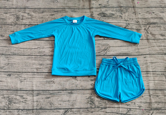no moq GLS0005 PRE-ORDER baby girl clothes Yoga blue green long sleeve shorts sets-2025.4.9