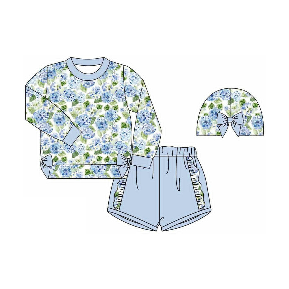 (Pre Order) No moq GLS0013 PRE-ORDER baby girl clothes floral blue long sleeve shorts sets-2025.9.6