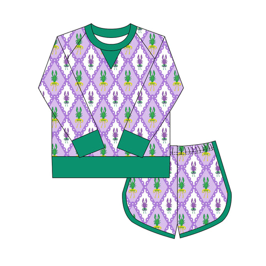 (Pre Order) No moq GLS0020 PRE-ORDER baby girl clothes yoga mardi gras long sleeve shorts sets-2025.9.29