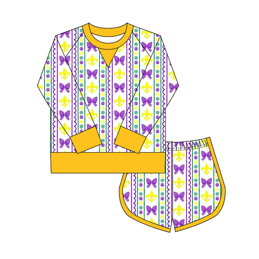 (Pre Order) No moq GLS0021 PRE-ORDER baby girl clothes yoga mardi gras bow long sleeve shorts sets-2025.9.29