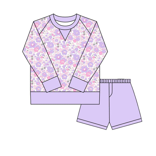 (Pre Order) No moq GLS0024 PRE-ORDER baby girl clothes yoga floral purple long sleeve shorts sets-2025.9.30