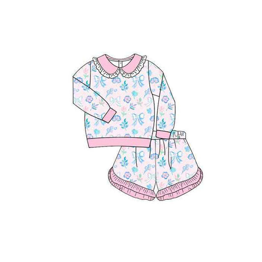 (Pre Order) No moq GLS0034 PRE-ORDER baby girl clothes bow floral long sleeve shorts sets-2025.10.13