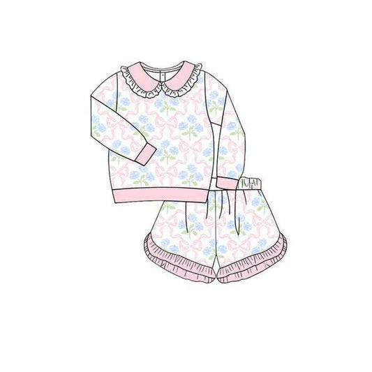 (Pre Order) No moq GLS0037 PRE-ORDER baby girl clothes bow floral long sleeve shorts sets-2025.10.13