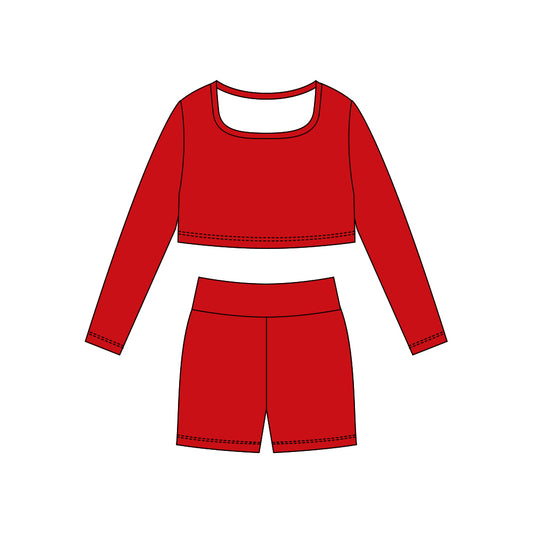 (Pre Order) No moq GLS0039 PRE-ORDER baby girl clothes yoga red long sleeve shorts sets-2025.10.23
