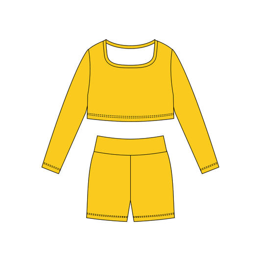 (Pre Order) No moq GLS0041 PRE-ORDER baby girl clothes yoga yellow long sleeve shorts sets-2025.10.23