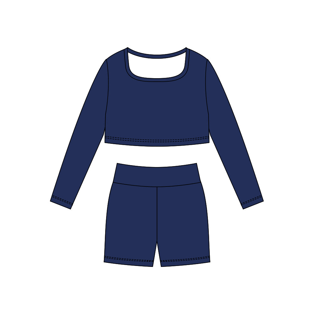 (Pre Order) No moq GLS0042 PRE-ORDER baby girl clothes yoga navy blue long sleeve shorts sets-2025.10.23