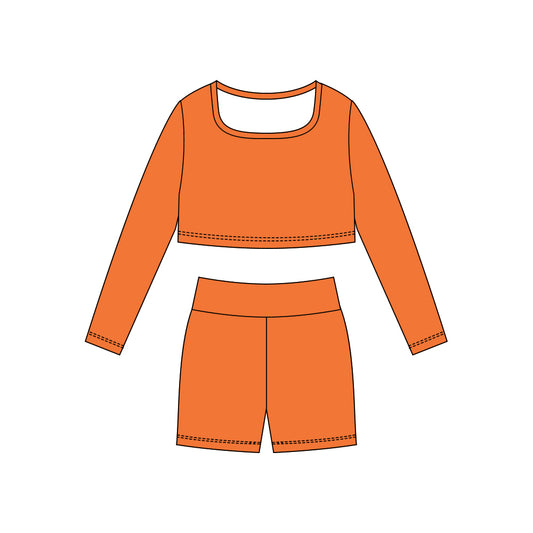 (Pre Order) No moq GLS0043 PRE-ORDER baby girl clothes yoga orange long sleeve shorts sets-2025.10.23