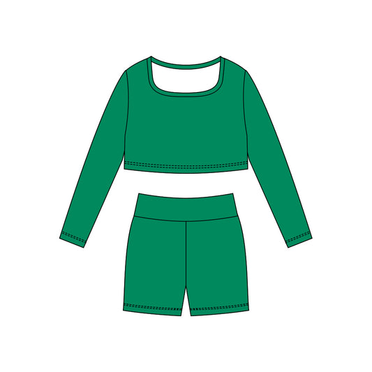 (Pre Order) No moq GLS0044 PRE-ORDER baby girl clothes yoga green long sleeve shorts sets-2025.10.23