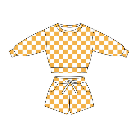 (Pre Order) No moq GLS0057 PRE-ORDER baby girl clothes yellow plaid long sleeve shorts sets-2025.10.30