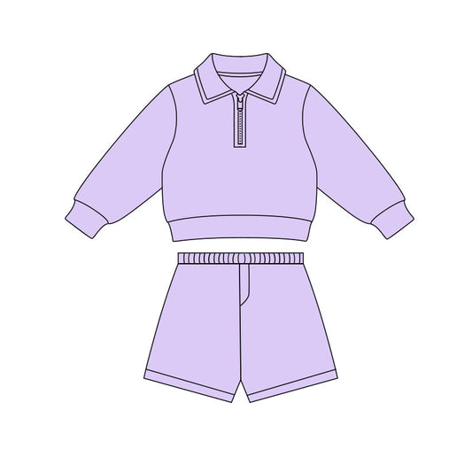 (Pre Order) No moq PRE-ORDER baby girl clothes yoga light purple long sleeve shorts sets-2025.11.27