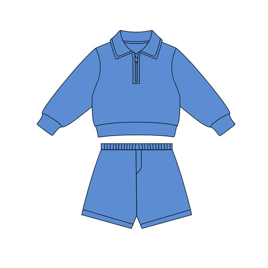 (Pre Order) No moq PRE-ORDER baby girl clothes yoga blue long sleeve shorts sets-2025.11.27