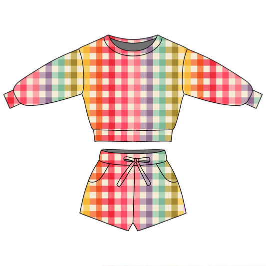 (Pre Order) No moq GLS0095 PRE-ORDER baby girl clothes plaid long sleeve shorts sets-26.1.17