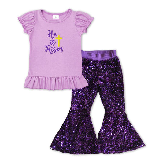 P0032 Purple sequin trousers+GT0393 he is risen purple lantern sleeve short-sleeved top with embroidered cross