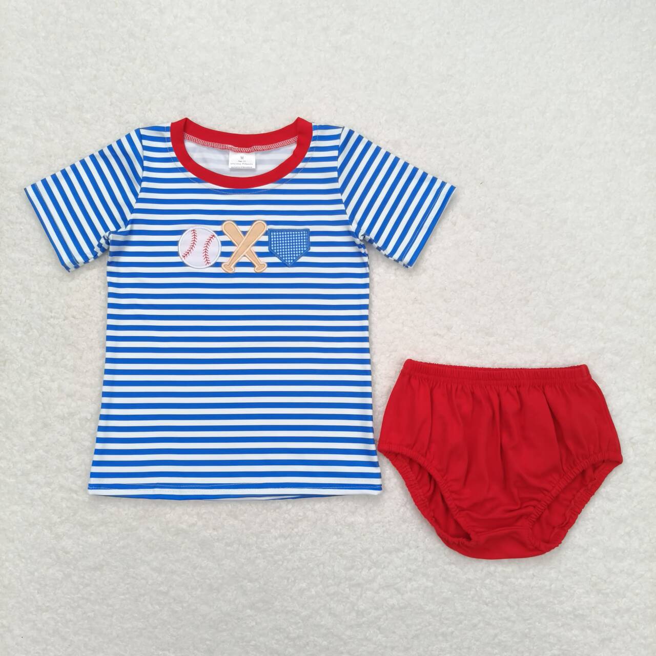 RTS NO MOQ BT0657 Embroidered Baseball Blue and White Striped Short Sleeve Top +cotton shorts