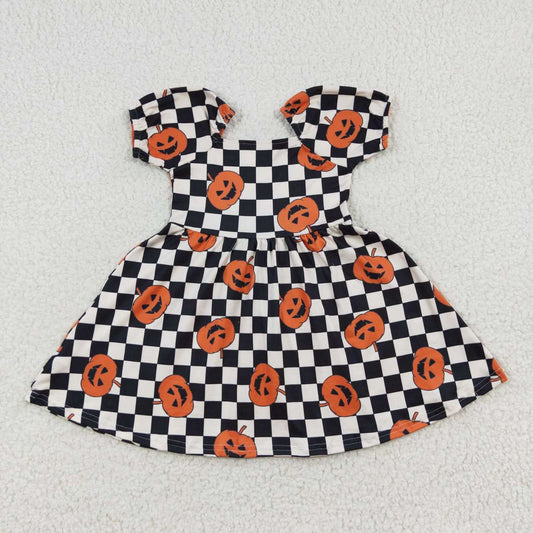 GLD0302 Girls Halloween Pumpkin Black and White Plaid Short Sleeve Dress