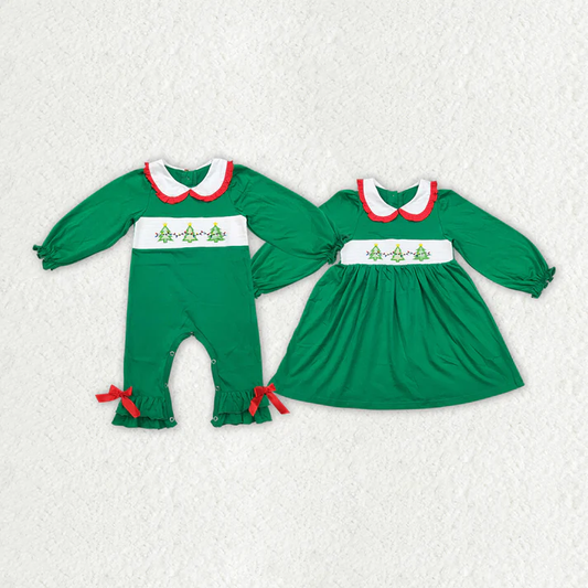 RTS NO MOQ GLD0579 smock embroidery Baby Girls Christmas Tree Sibling Sister Smocked Rompers Dresses