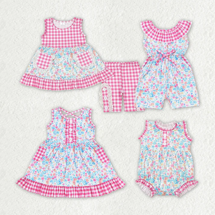 RTS NO MOQ Baby Girls Pink Checkered Floral Summer Sibling Rompers Clothes Sets