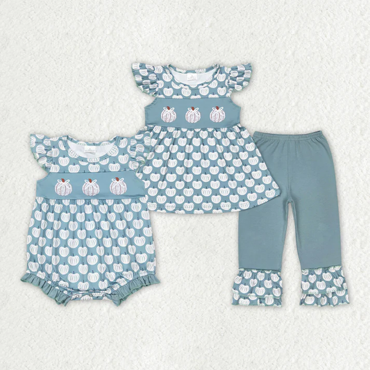 RTS NO MOQ Baby Girls Green Flutter Sleeve Pumpkins Sibling Clothes Sets