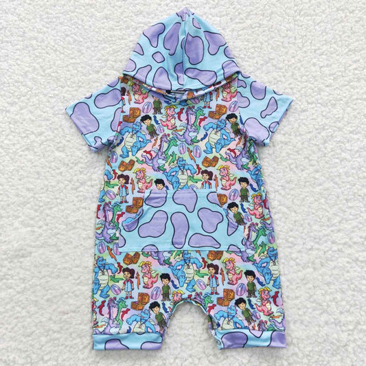 SR0405 Cartoon Character Dinosaur Blue Hooded Short Sleeve Onesie
