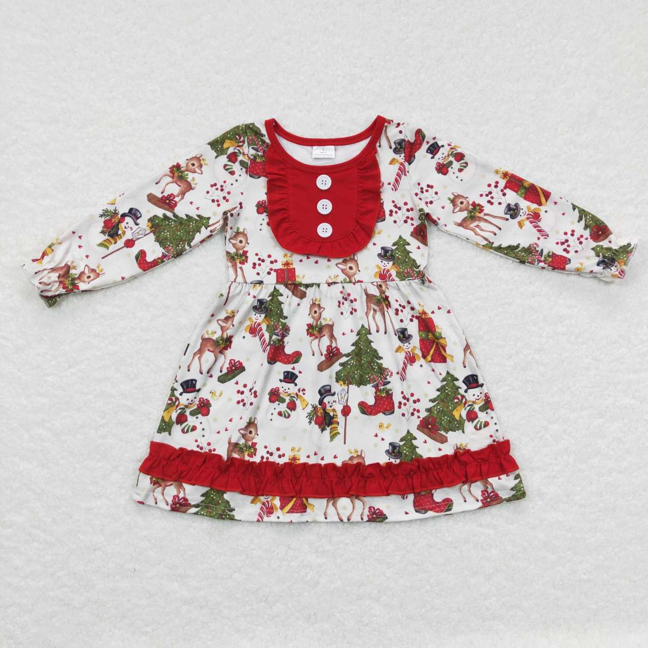 GLD0292 Snowman Fawn Christmas Tree Red Lace Long Sleeve Dress
