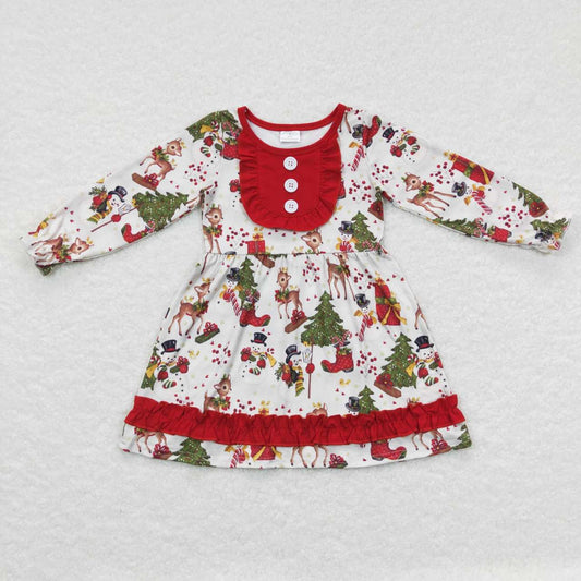GLD0292 Snowman Fawn Christmas Tree Red Lace Long Sleeve Dress