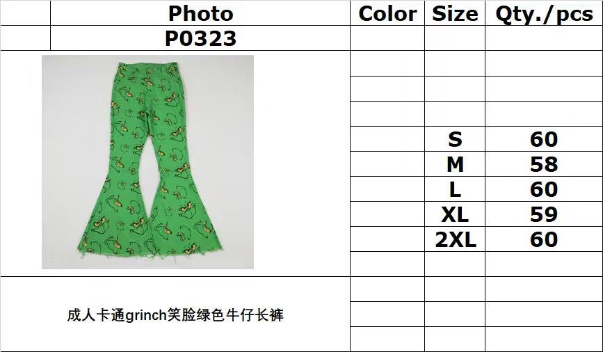 P0323 Adult cartoon grinch smiley green denim trousers