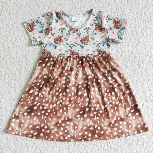 GSD0035 Girls Deer Brown Short Sleeve Floral Skirt