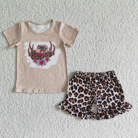 GSD0047 Light coffee hat, antler flower, short sleeves, leopard print lace shorts suit