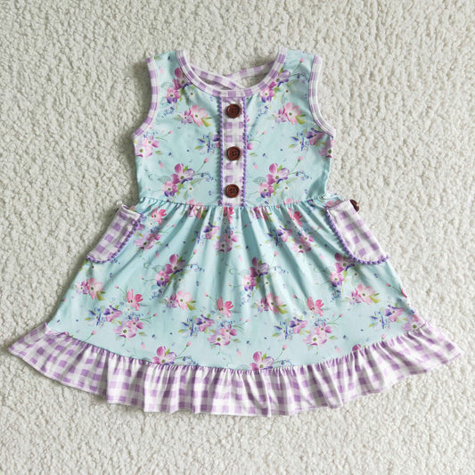 GSD0051 Girls Sleeveless Purple Plaid Pocket Button Flower Skirt