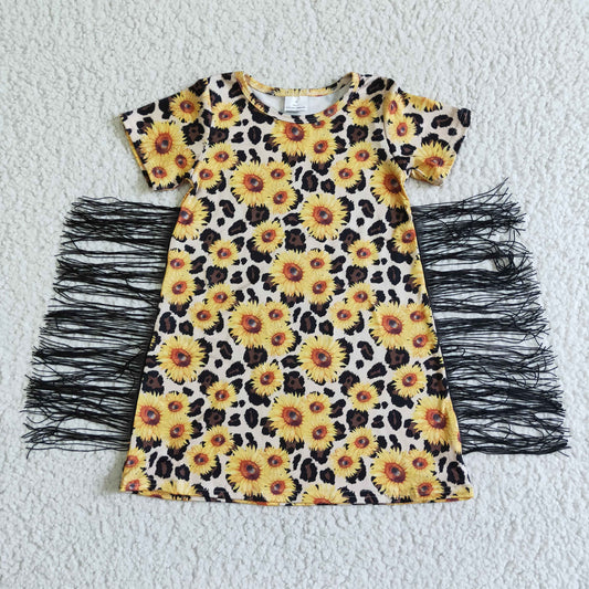 GSD0055 Girls Sunflower Leopard Print Tassel Short Sleeve Skirt