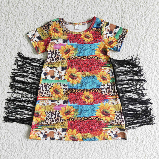 GSD0057 Girls leopard print cow print sunflower sunflower fringed short-sleeved skirt