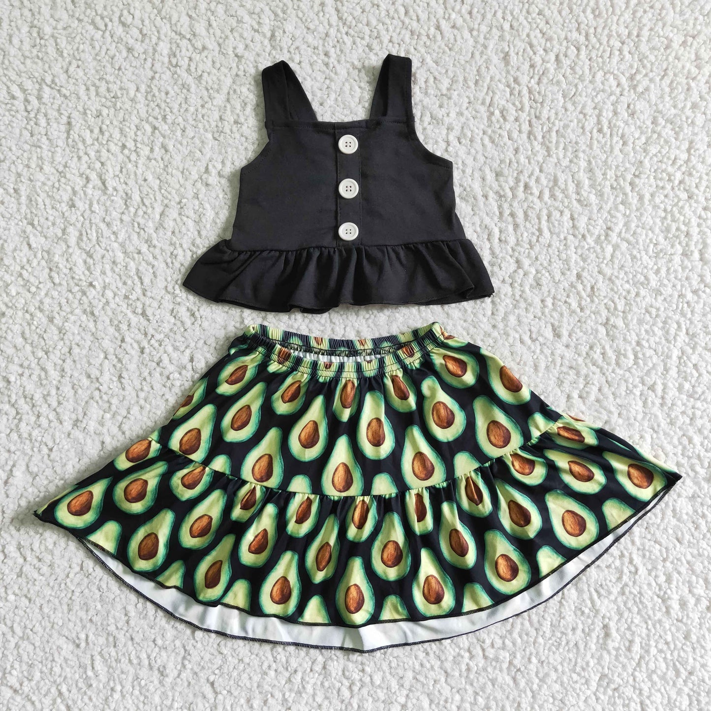 GSD0081 Girls Black Button Vest Avocado Skirt Suit