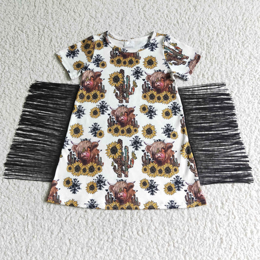 GSD0084 Girls Alpine Cow Cactus Sunflower Tassel Short Sleeve Dress