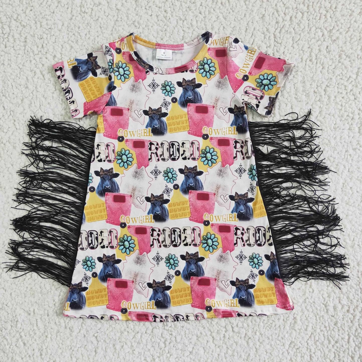 GSD0090 Girls Cow Letter Gemstone Short Sleeve Tassel Dress