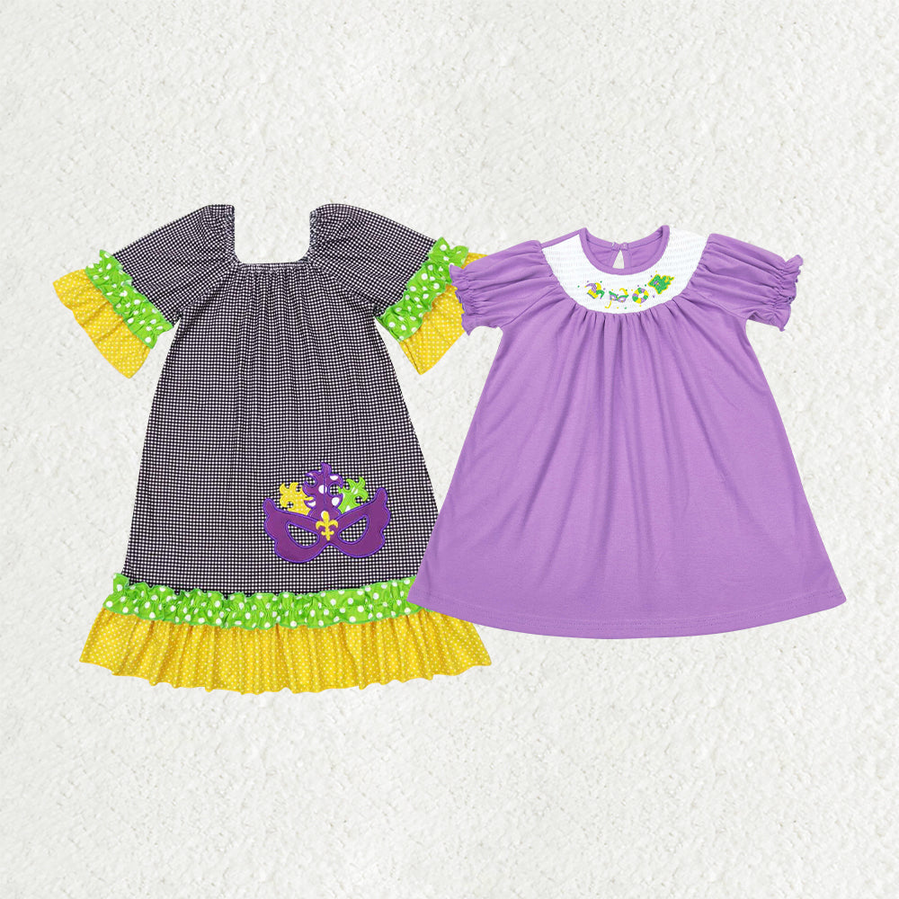 RTS NO MOQ Sibling baby girl clothes embroidered carnival mask purple and white plaid short-sleeved dresses