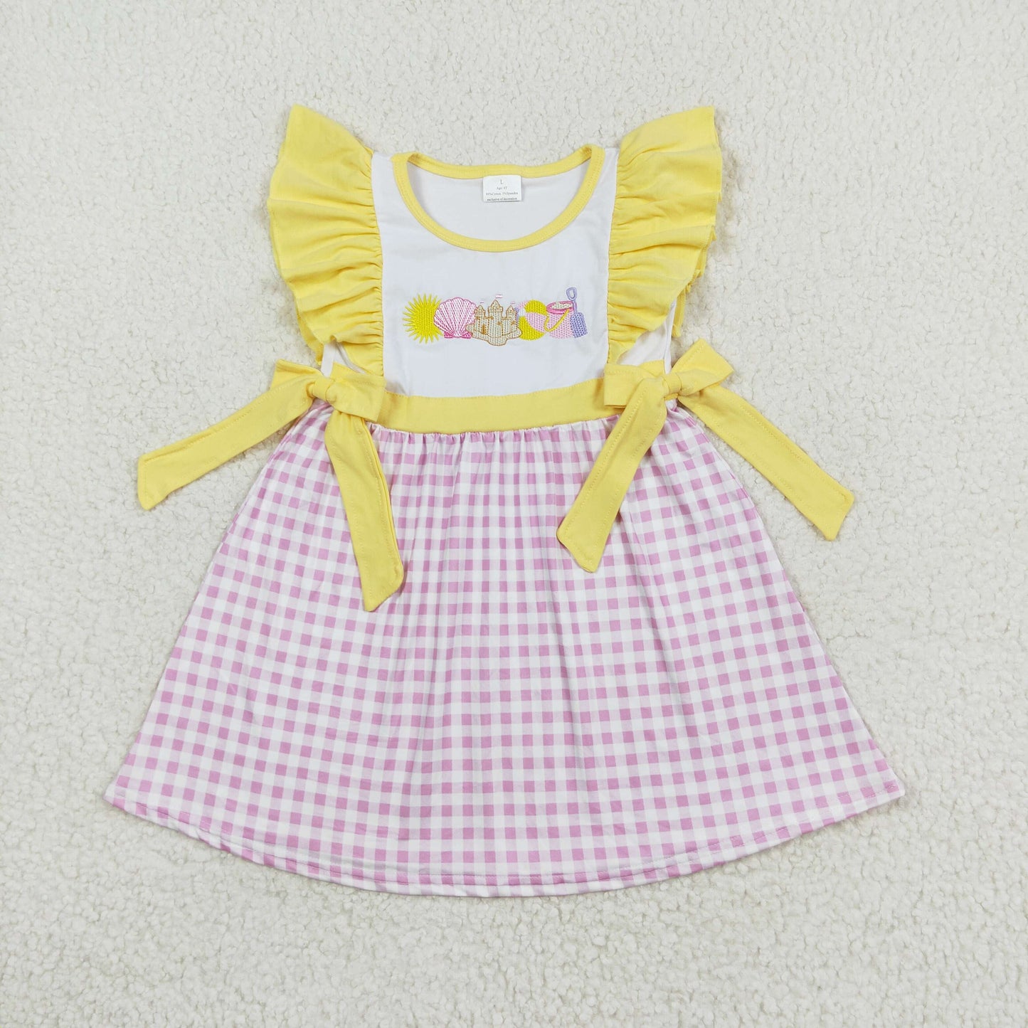 RTS no moq GSD0600 Embroidered shell castle beach ball pink and white plaid yellow lace bow flying sleeve dress