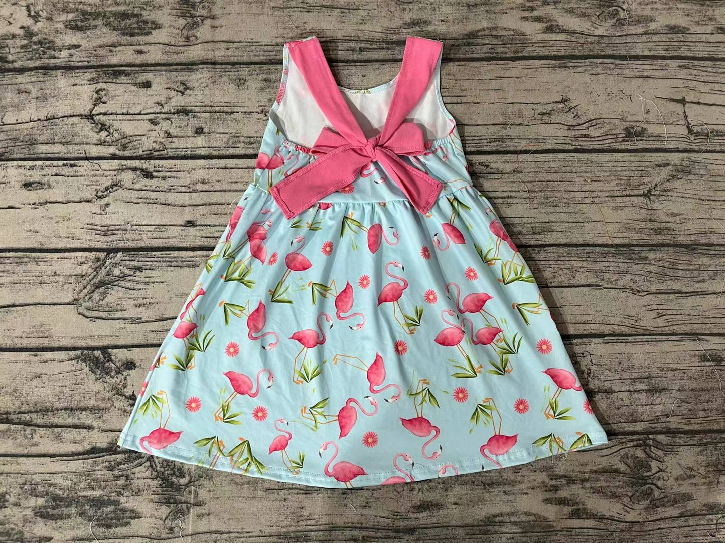 GSD0692 pre-order toddler clothes Flamingo Pink Bow Blue Sleeveless Dress