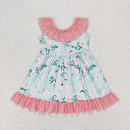 RTS no moq GSD0722 Floral pink lace bow aqua sleeveless dress