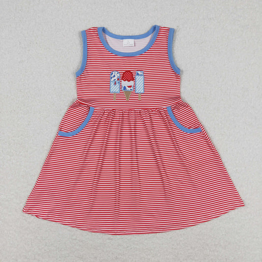 RTS no moq GSD0821 Embroidered ice cream red and white striped sleeveless dress