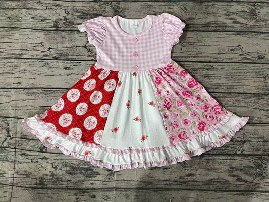 RTS GSD0887 pre-order toddler clothes Flower patchwork pink and white plaid lace short-sleeved dress