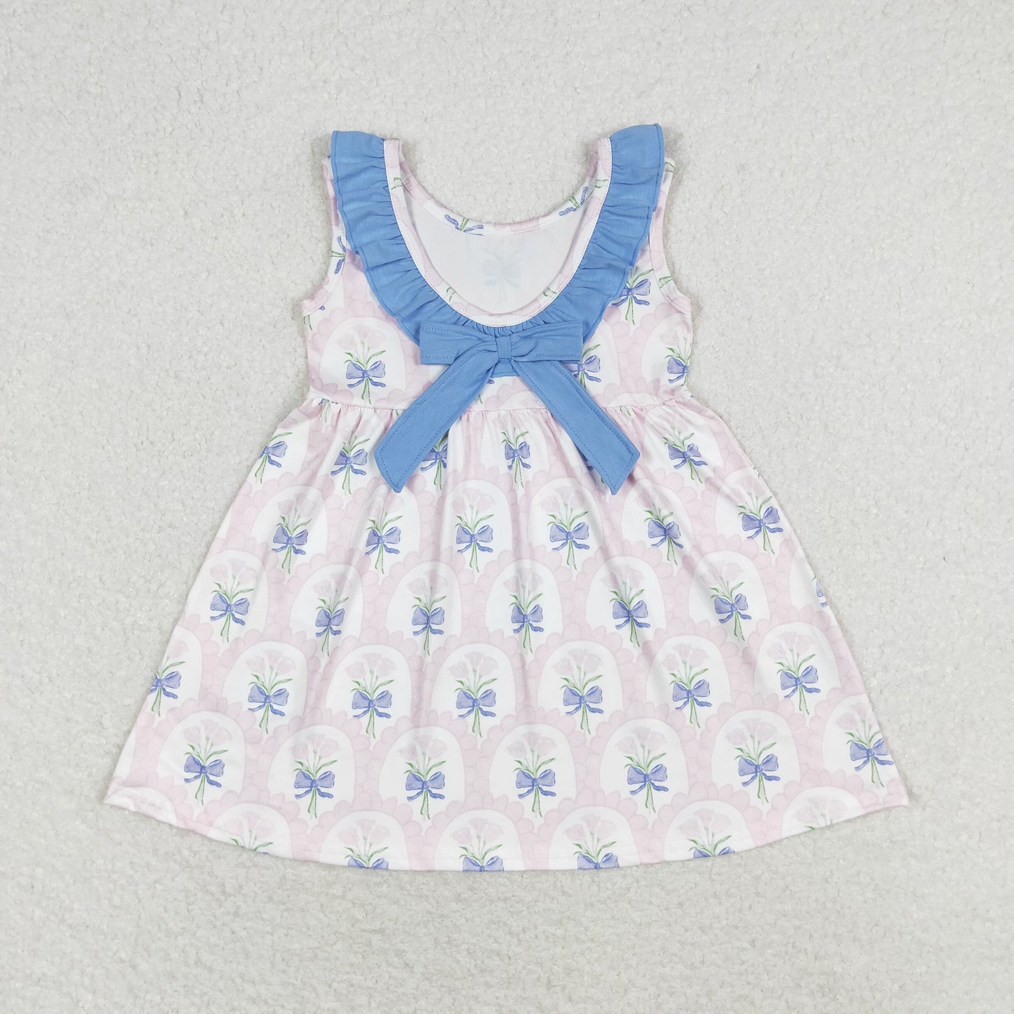 RTS no moq GSD0909 Pink flower blue lace bow sleeveless dress