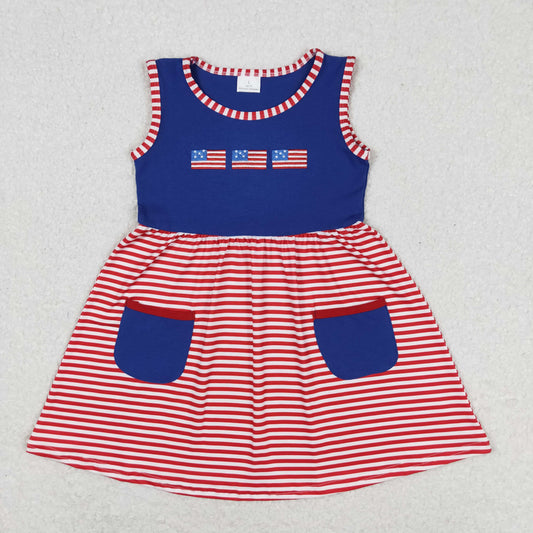 RTS no moq GSD0930 Embroidered flag red and white striped navy blue pocket sleeveless dress